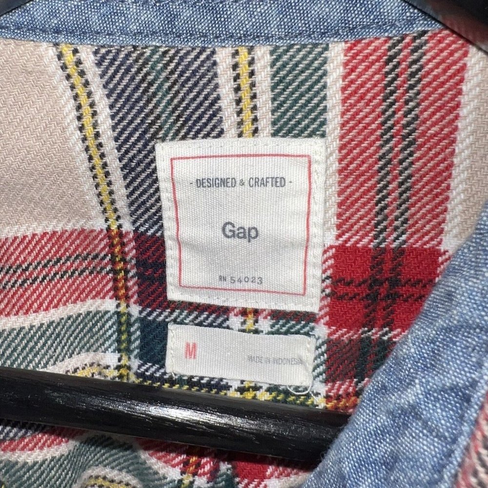 Gap Mens Heavyweight Long Sleeve Plaid Shirt Size M Oatmeal Red Green Navy - Picture 3 of 6
